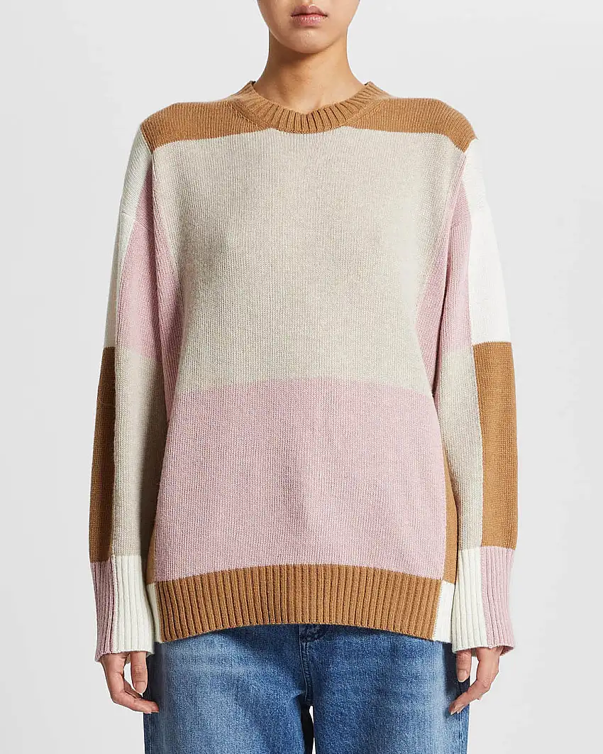 Maglia girocollo a blocchi di colore beige rosa e color cammello in misto lana e cashmere