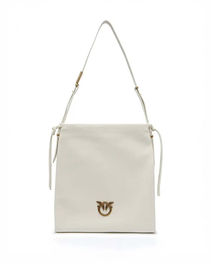 Slouchy Classic Bag bianca in pelle lisce con placca logo Love Birds dorata frontale e chiusura a coulisse