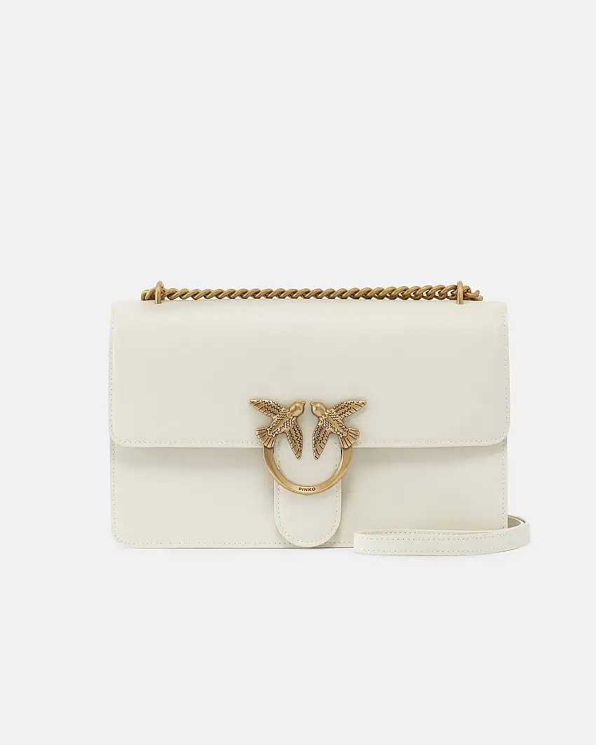 Classic Love Bag One Simply bianca in pelle liscia con fibbia Love Birds dorata e tracolla a catena regolabile