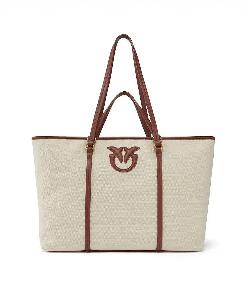 Shopping bag color ecrù in canvas con manici profili e maxi logo Love Birds embossed in pelle color cuoio