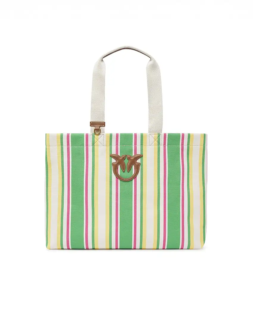 Borsa mare grande in canvas a righe verdi gialle e bianche con maxi logo embossed in pelle color cuoio