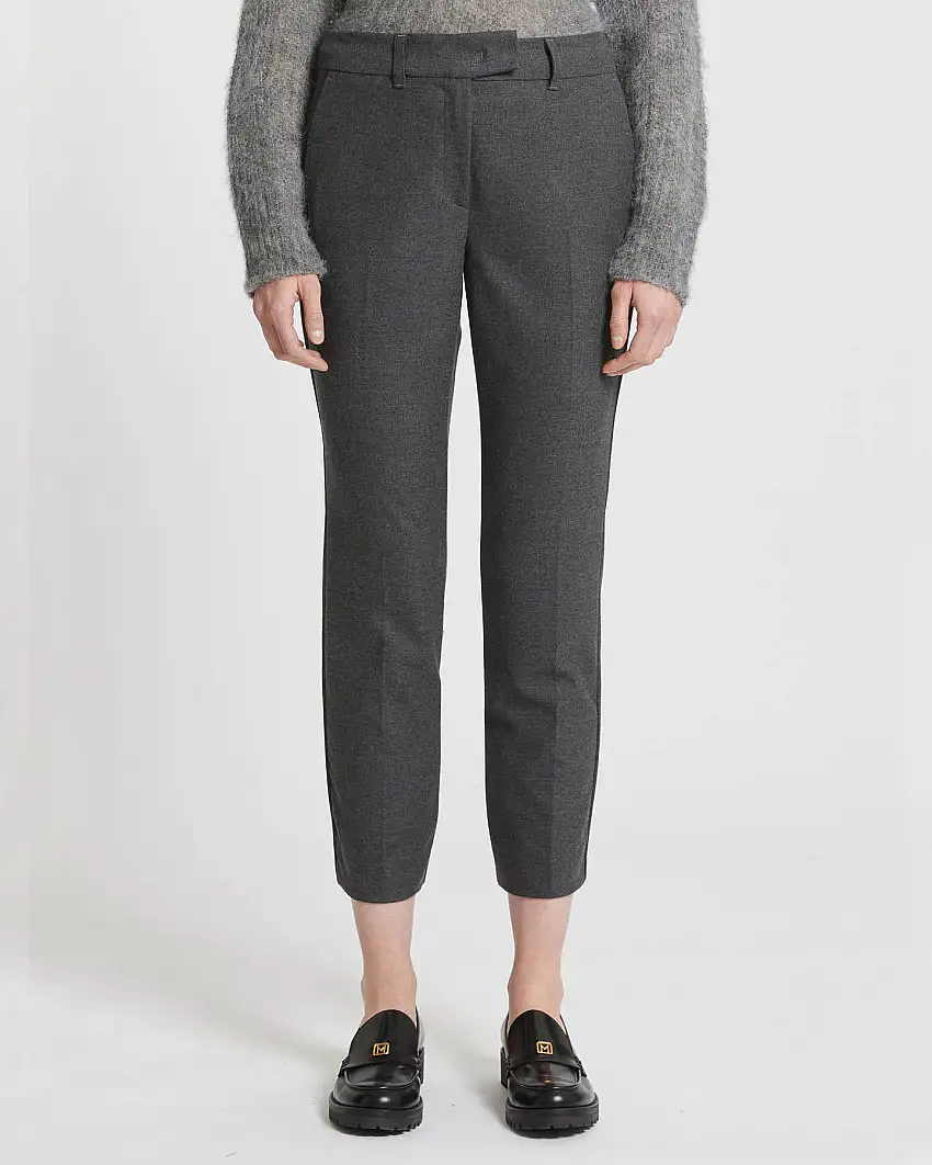 Pantaloni grigii straight in flanella di viscosa stretch con piega stirata