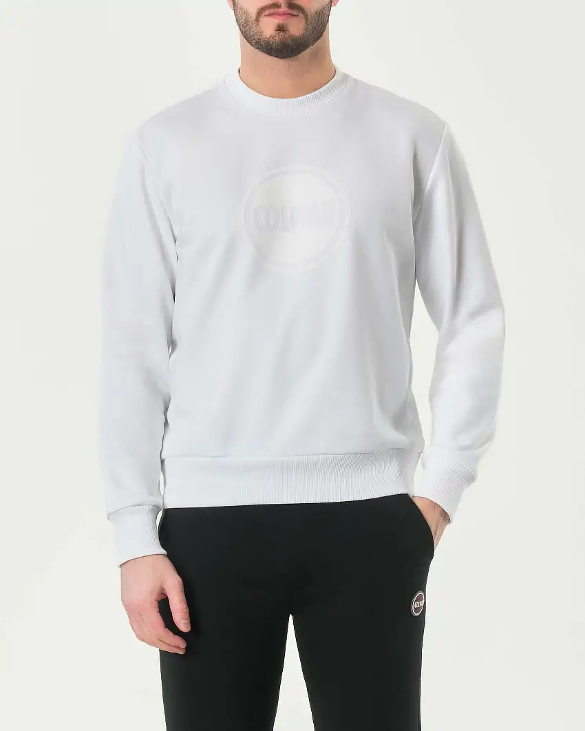 Felpa bianca girocollo con logo bollo stampato tono su tono sul petto
