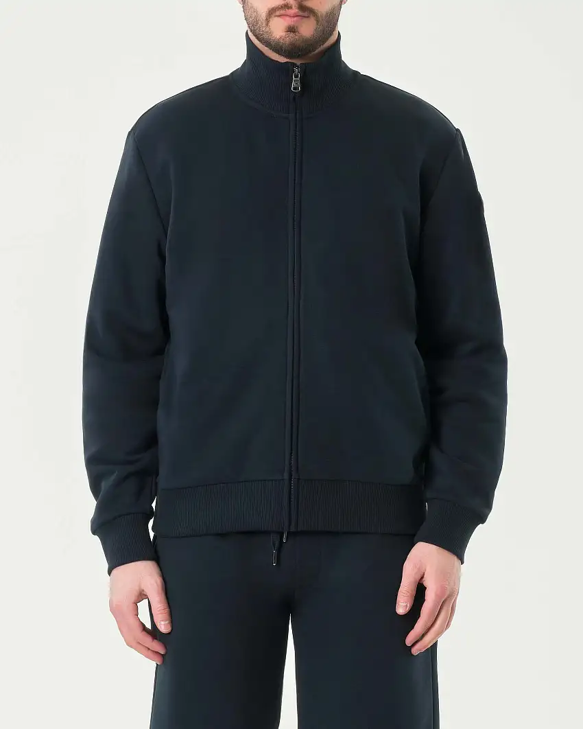 Felpa blu in cotone con chiusura zip e tasche a filo