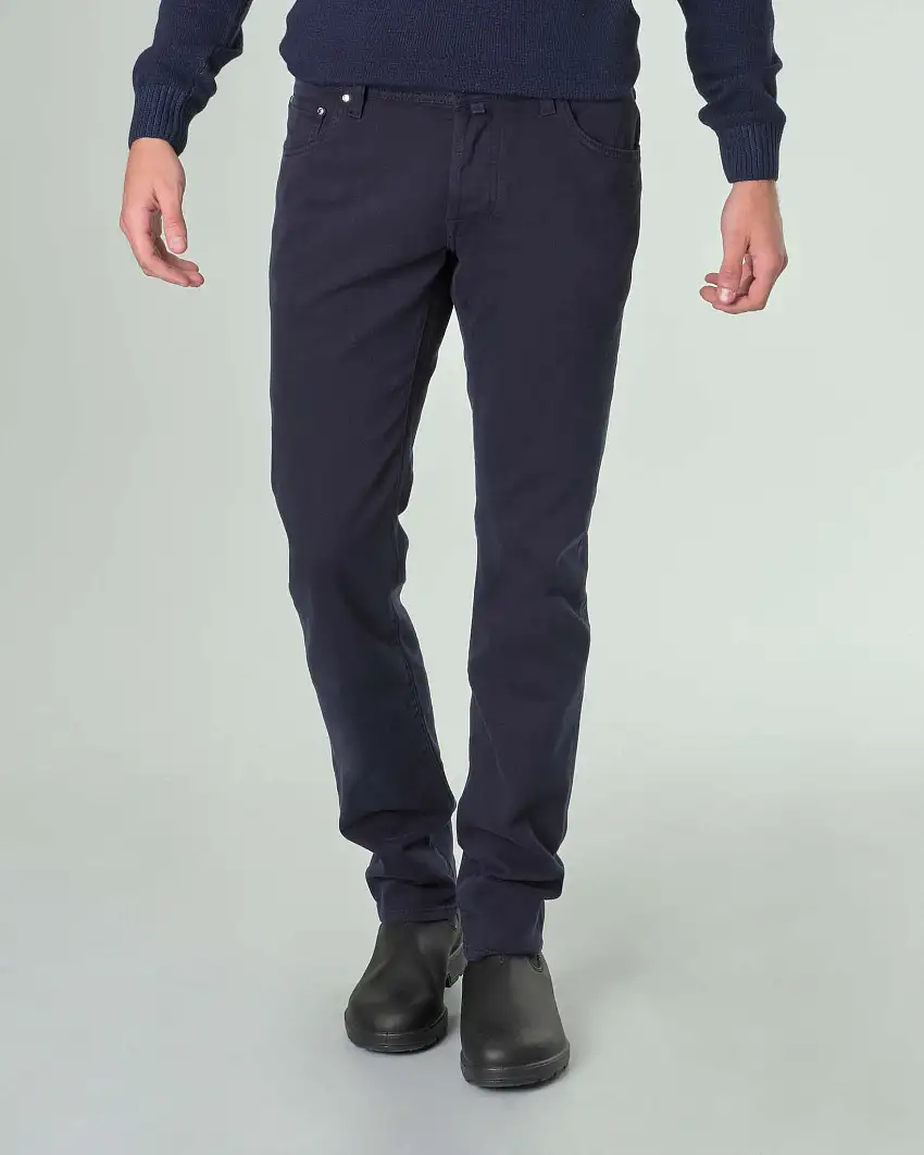 Pantalone cinque tasche blu in tessuto diagonale di cotone stretch