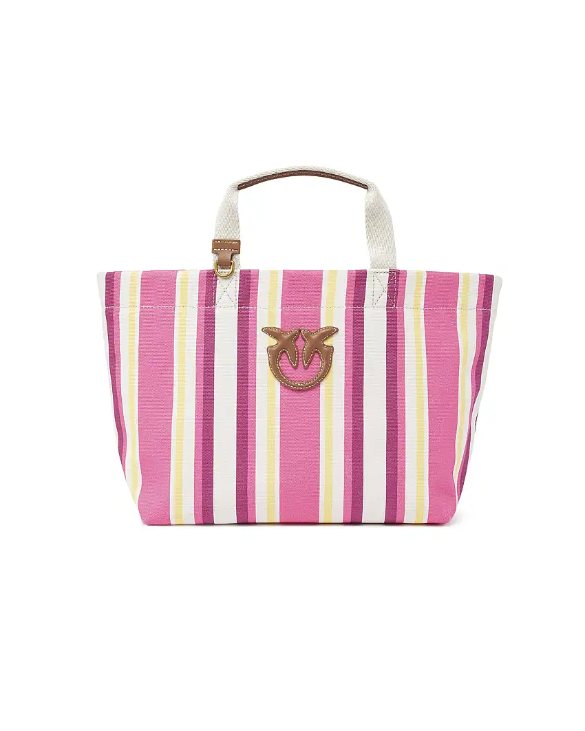 Borsa mare piccola in canvas a righe fuxia gialle e bianche con maxi logo embossed in pelle color cuoio