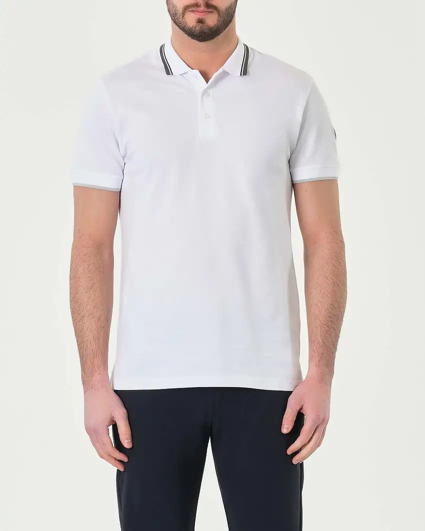 Polo bianca mezza manica in piquè di cotone stretch con bordino grigio bianco e bordeaux