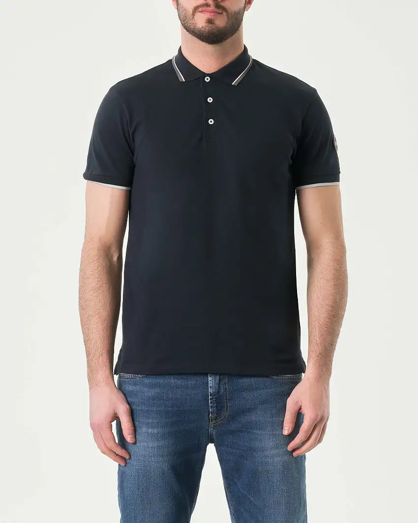 Polo blu mezza manica in piquè di cotone stretch con bordino grigio bianco e bordeaux