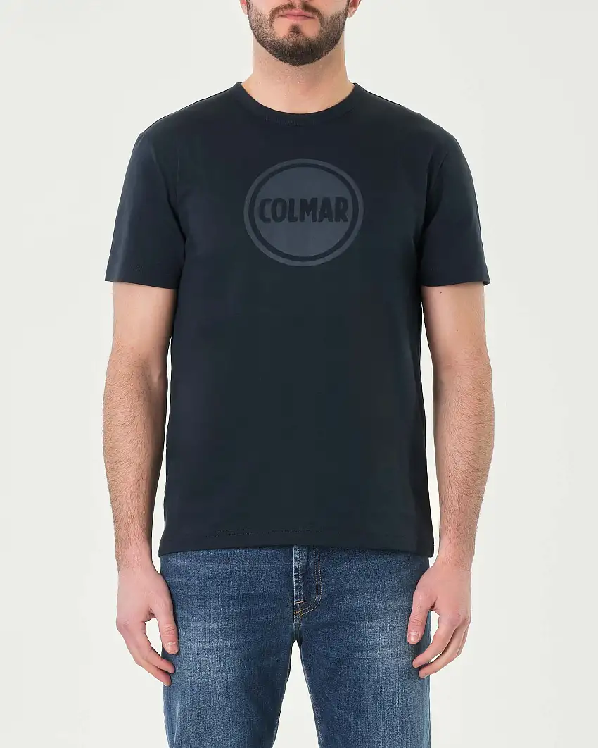 T-shirt blu mezza manica con logo bollo stampato tono su tono sul petto