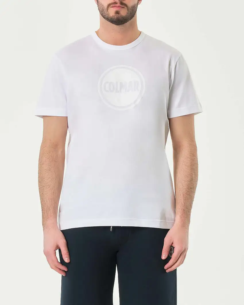 T-shirt bianca mezza manica con logo bollo stampato tono su tono sul petto