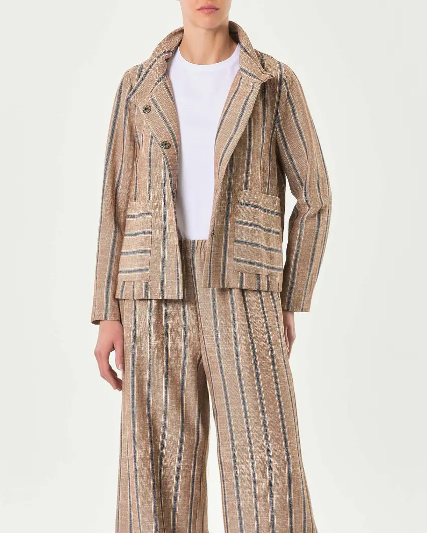 Giacchina in cotone a fantasia a righe verticali in denim blu con collo in piedi