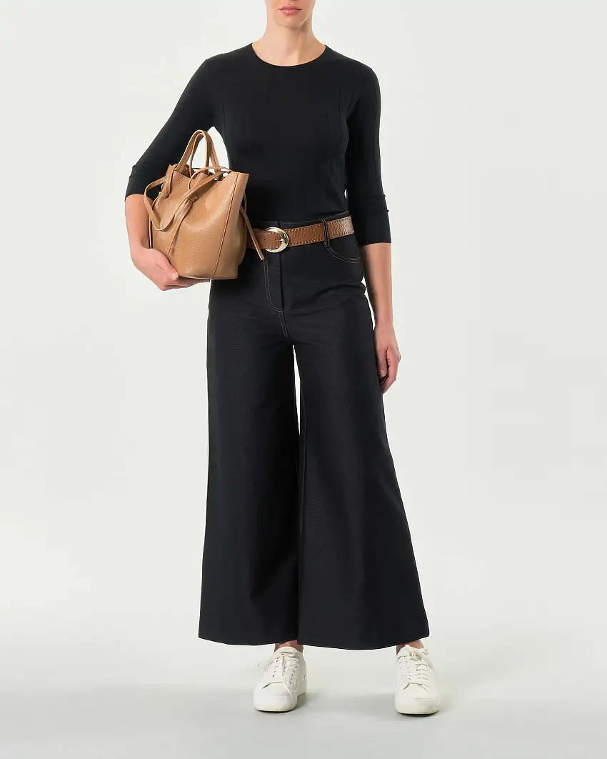 Pantaloni blu super wide in jersey effetto denim stretch con cuciture a contrasto