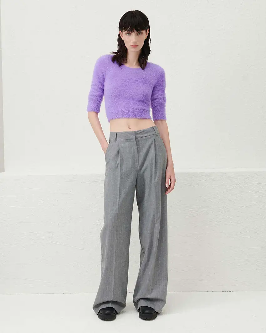 Pantaloni palazzo grigio melange a motivo gessato con pinces in vita in misto viscosa stretch