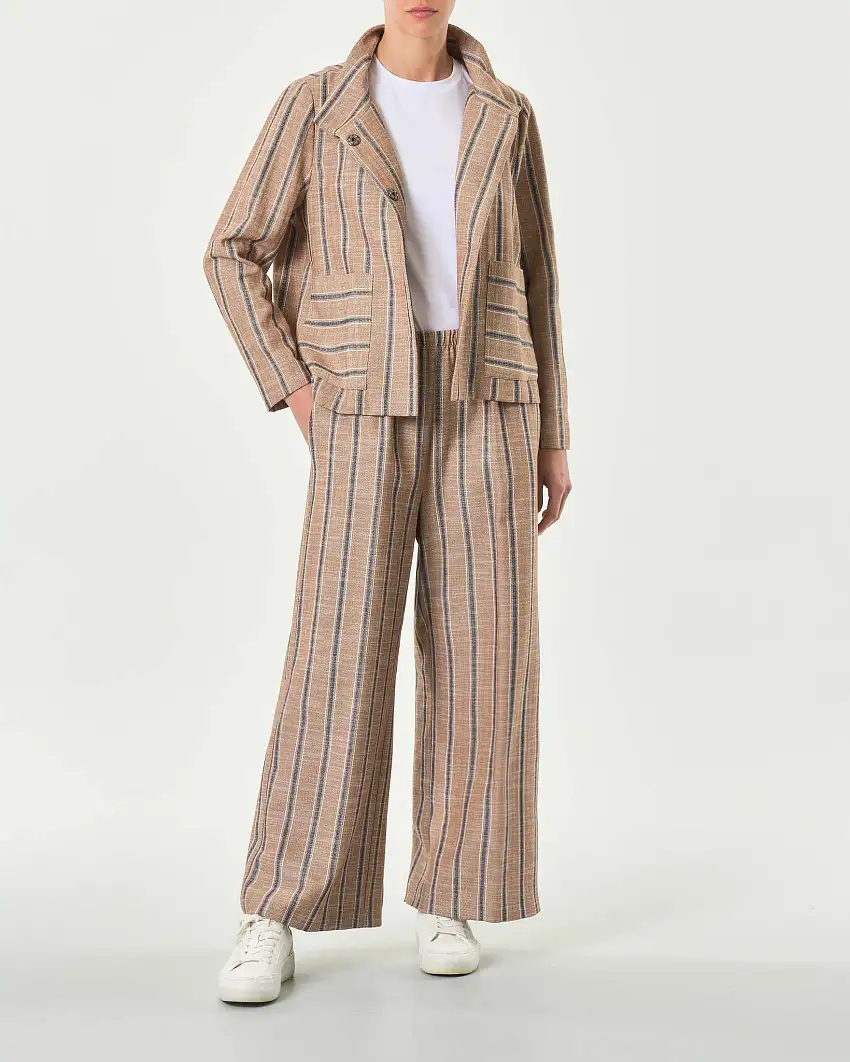 Pantaloni wide in cotone a fantasia a righe verticali in denim blu con elastico in vita