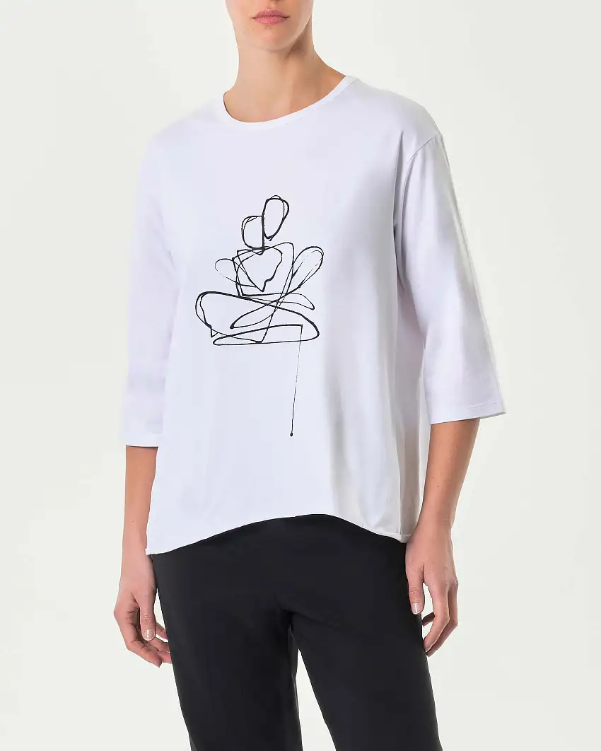 T-shirt bianca in cotone stretch con maniche tre quarti e stampa grafica nera sul davanti