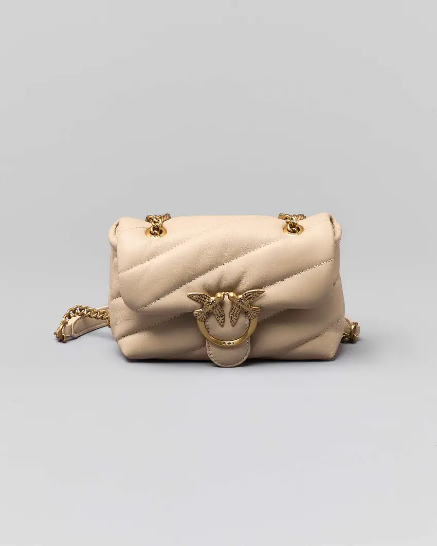 Baby Love Puff Bag in pelle beige lavorazione quilted e tracolla a catena dorata con fibbia Love Birds