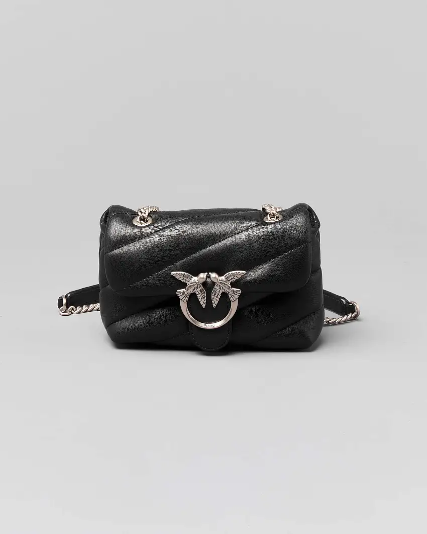 Baby Love Bag Puff nera in nappa con motivo matelassè obliquo e fibbia argento Love Birds