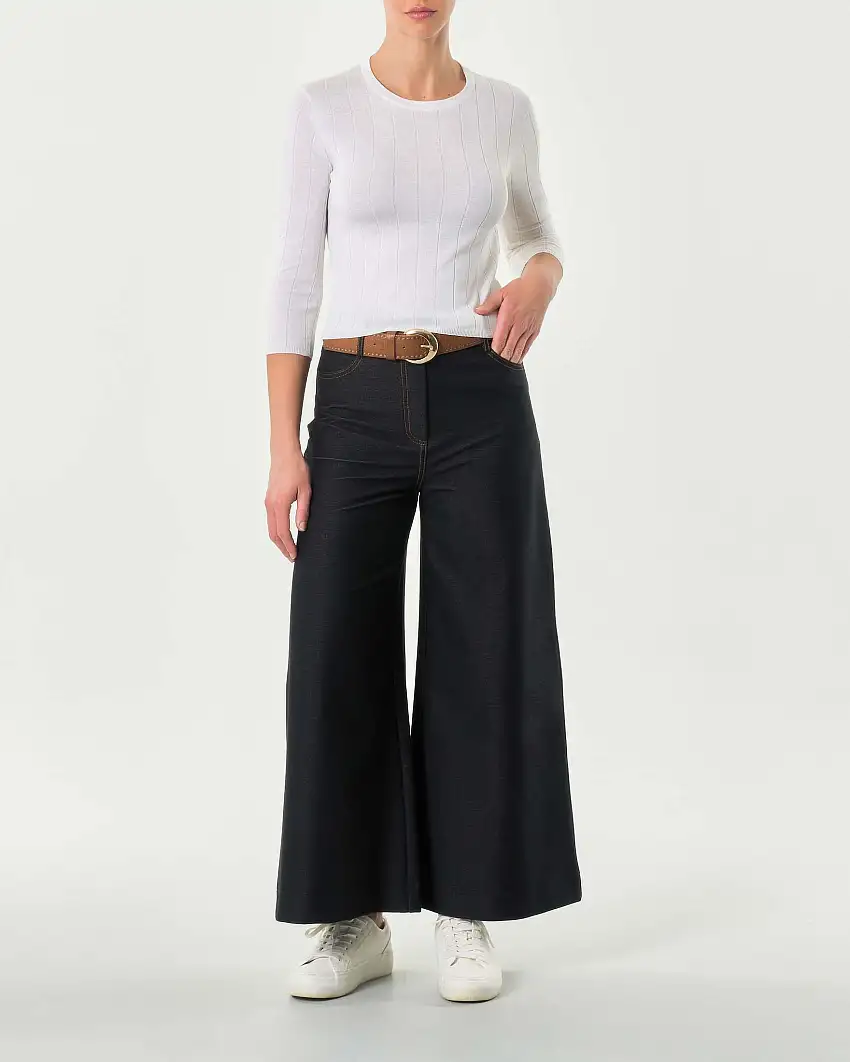 Maglia bianca in seta e cotone a coste piatte con maniche tre quarti