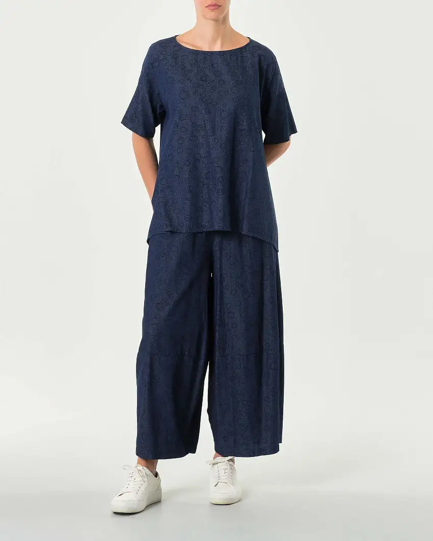 Pantaloni super wide blu in cotone chambray a fantasia bolli con elastico in vita