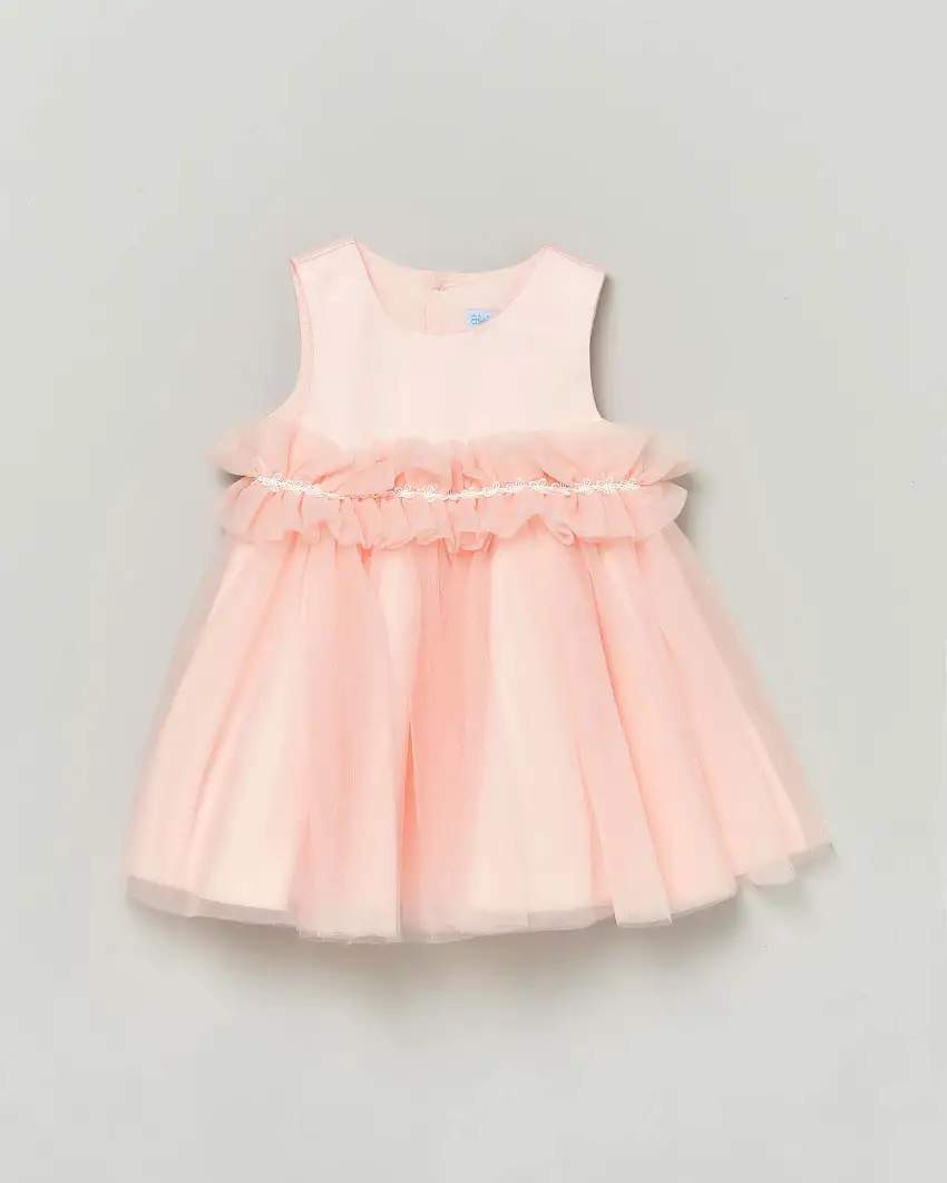 Abito corto rosa in pizzo e organza con gonna ampia e rouches in vita