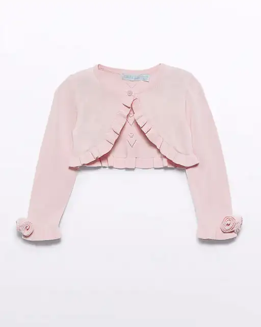 Cardigan rosa lavorato tricot in misto viscosa con volant e roselline