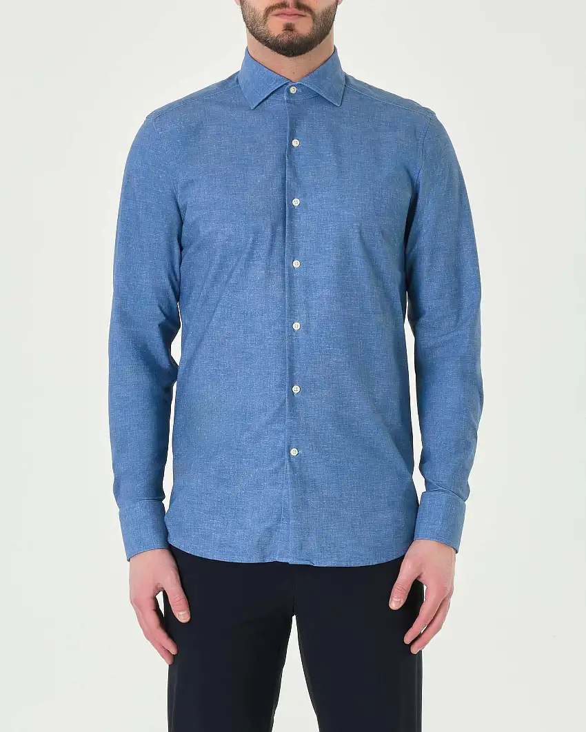 Camicia chambray blu indaco in tessuto tecnico hyper comfort