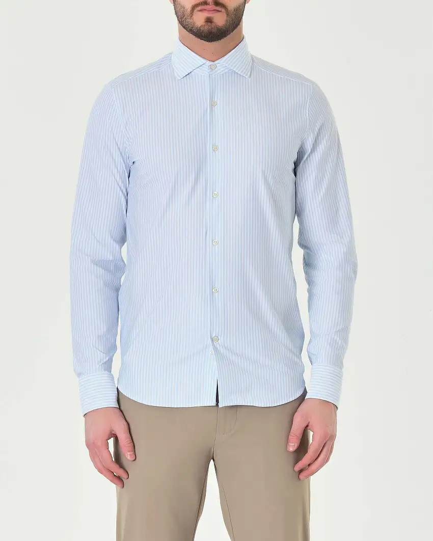 Camicia bastoncino bianco e azzurro in tessuto tecnico hyper comfort
