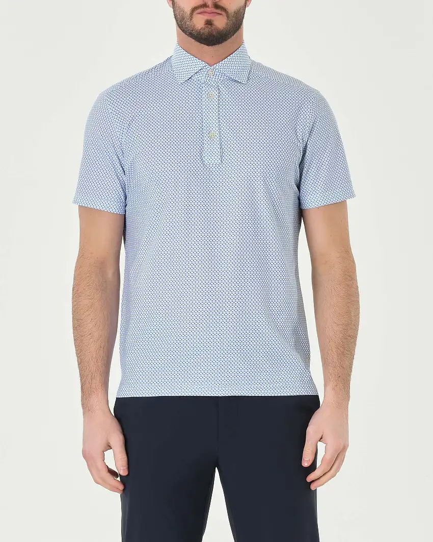 Polo azzurra mezza manica in tessuto tecnico hyper comfort micro fantasia