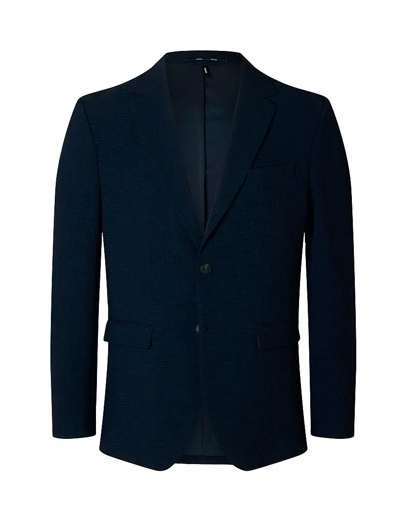 Blazer Yose blu navy slim-fit in seersucker di misto viscosa stretch con chiusura monopetto