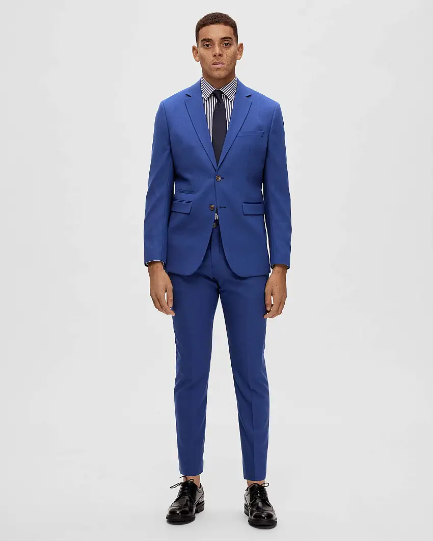 Blazer Neil blu royal in tessuto armaturato di misto viscosa stretch con chiusura monopetto