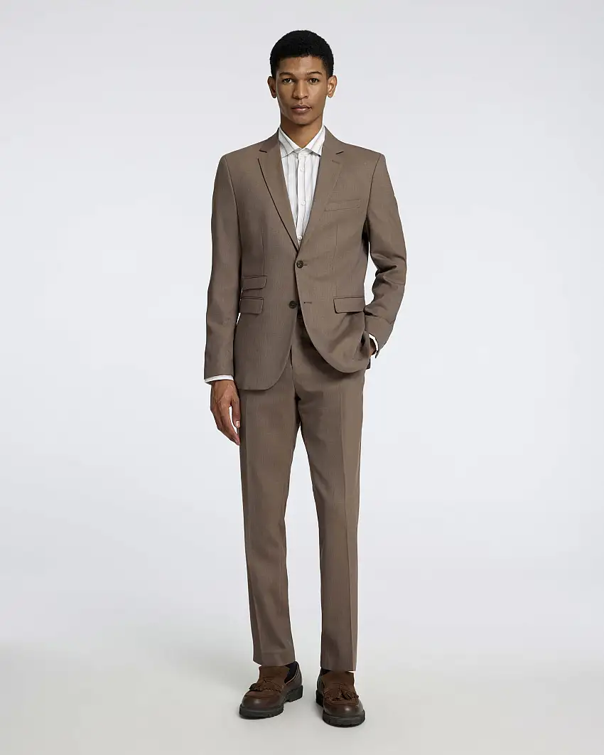 Blazer Neil color fango in tessuto armaturato di misto viscosa stretch con chiusura monopetto