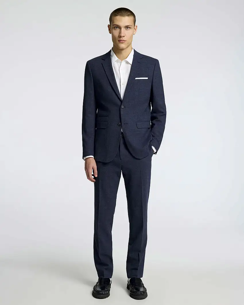 Blazer Oasis blu navy slim-fit in tessuto fiammato di misto lana e lino stretch con chiusura monopetto