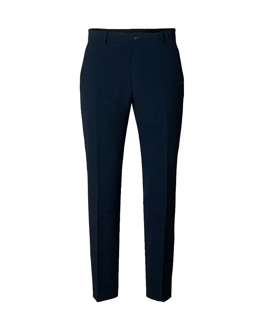 Pantaloni Yose blu navy slim-fit in seersucker di misto viscosa stretch con piega stirata