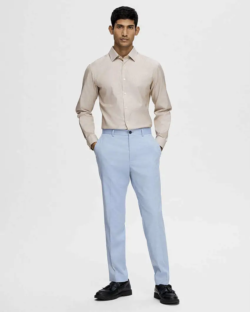 Pantaloni Cedric azzurri slim-fit in tessuto armaturato di misto viscosa stretch con piega stirata