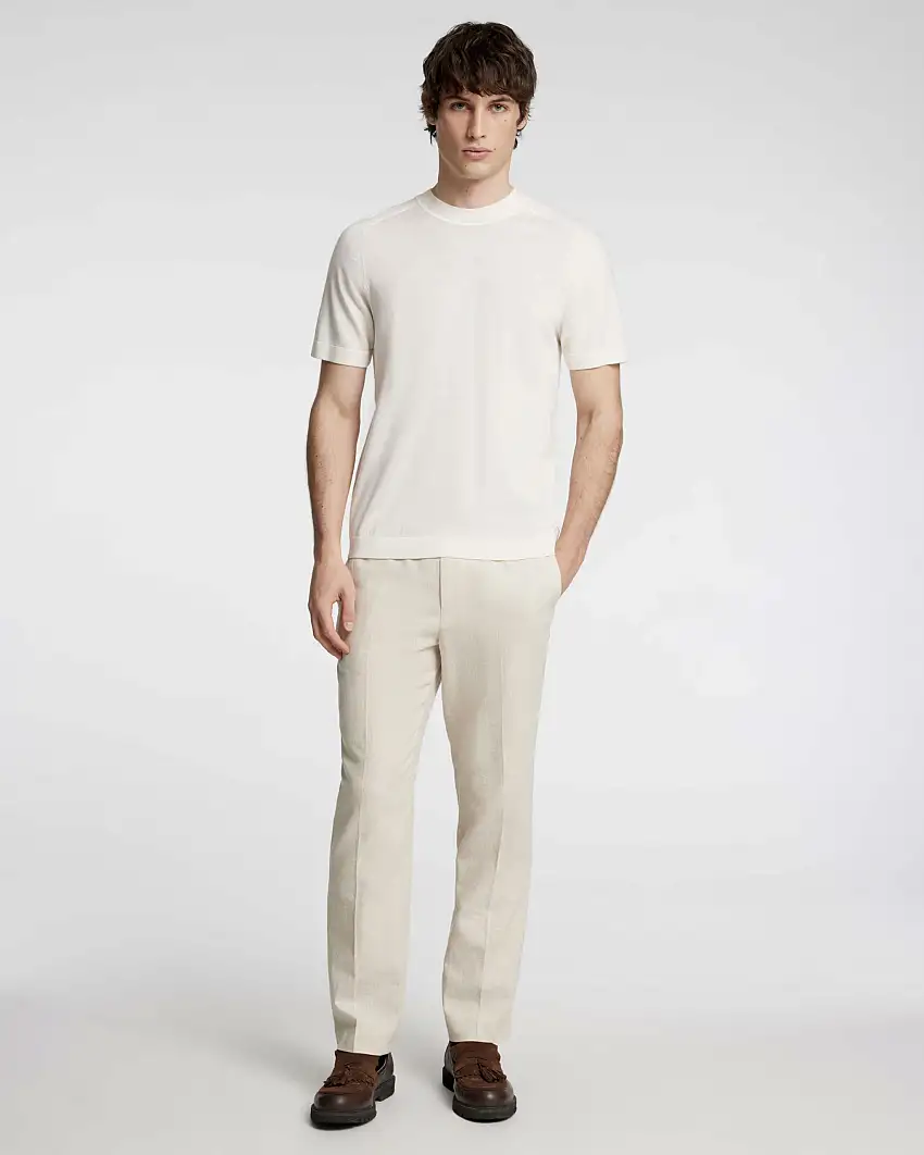 Pantaloni Malik beige regular-fit in lino e cotone con fascia elastica in vita e piega stirata