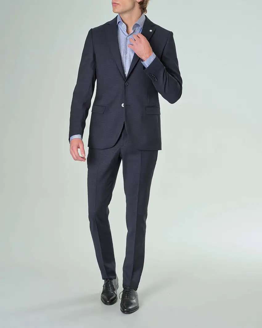 Abito blu micro quadretto in tela di lana stretch