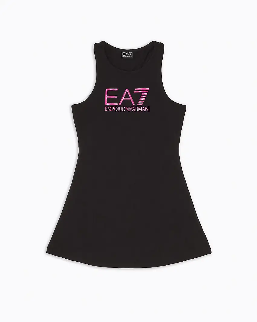 Abito smanicato nero sportivo con logo EA7 fuxia