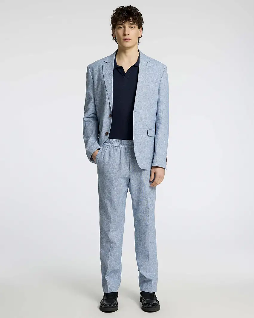 Pantaloni Malik azzurri regular-fit in lino e cotone con fascia elastica in vita e piega stirata