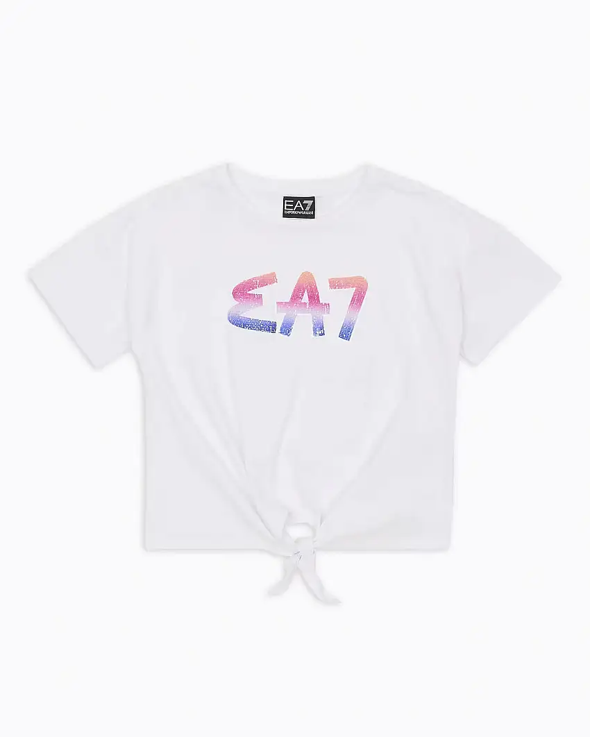 T-shirt bianca cropped con nodo e logo in pailettes multicolor