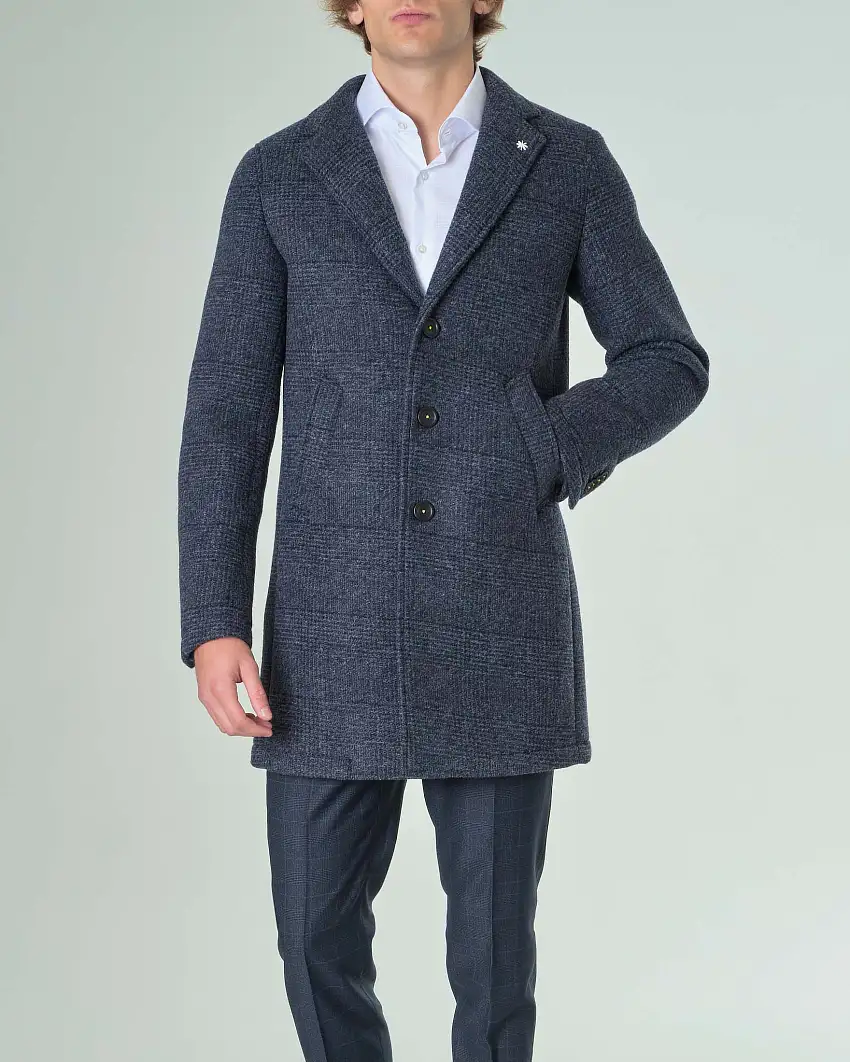 Cappotto blu indaco in panno di misto lana in fantasia check soffusa