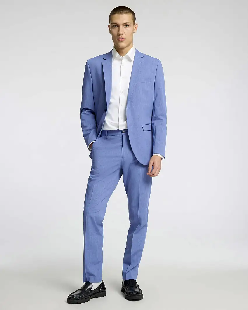 Blazer Liam azzurro slim-fit in tela di misto viscosa stretch con chiusura monopetto