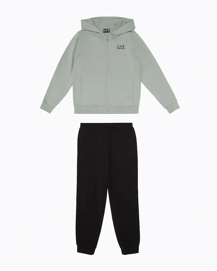 Tuta EA7 in felpa di puro cotone salvia e nera