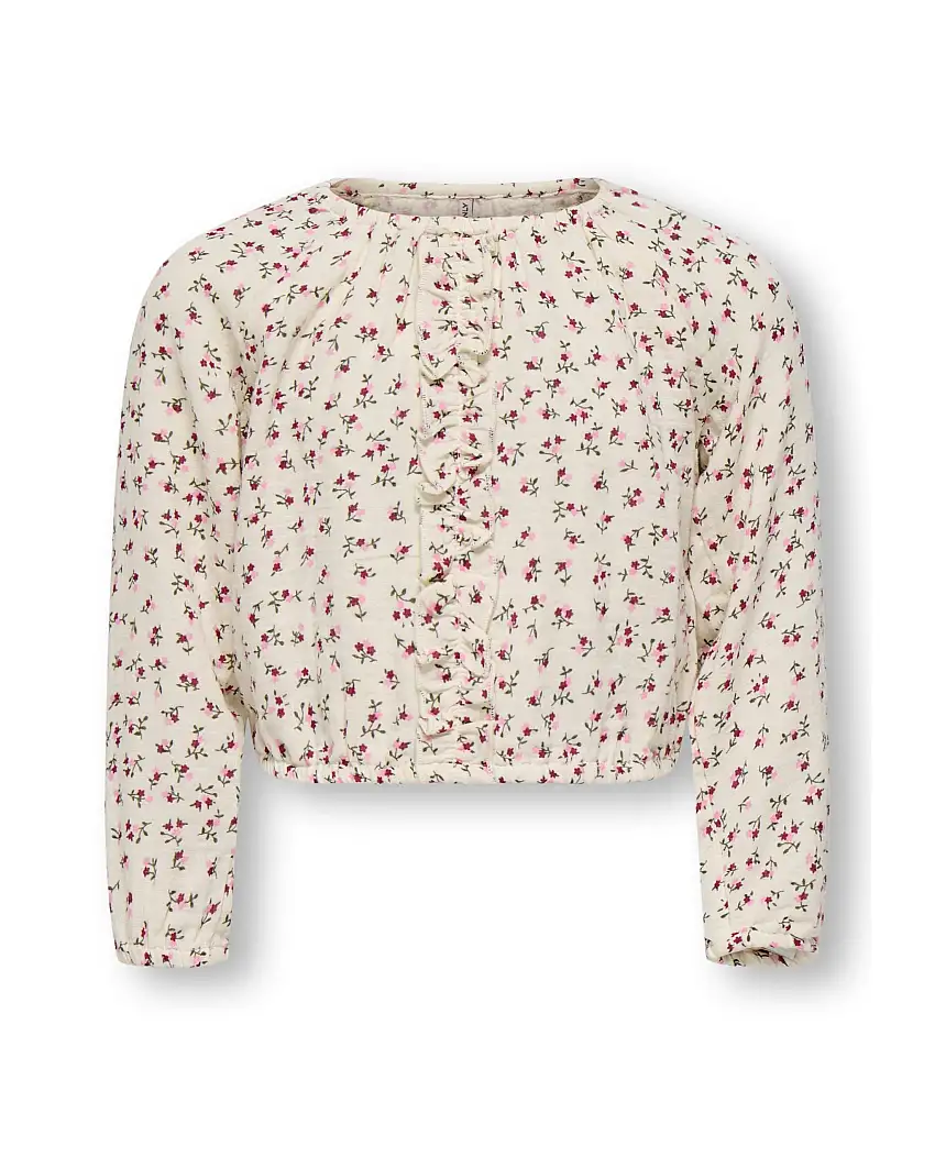 Blusa in cotone color panna a maniche lunghe con stampa fiorellini