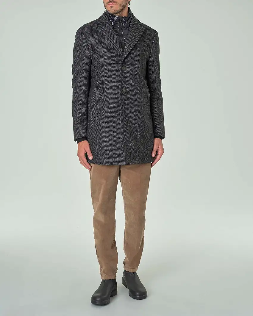 Cappotto Paul Baker grigio antracite in panno di misto lana spinata con davantino staccabile