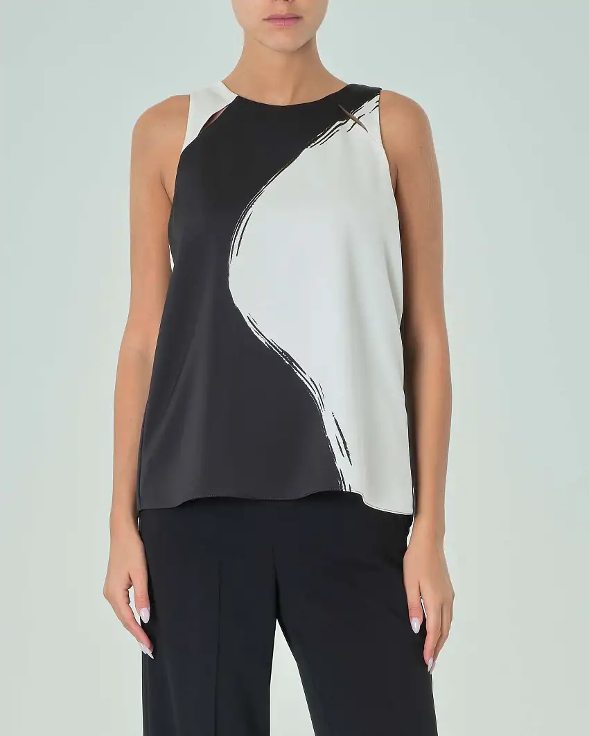 Top con scollo all'americana nero in crêpe envers satin a fantasia astratta bianca Marella ART.365