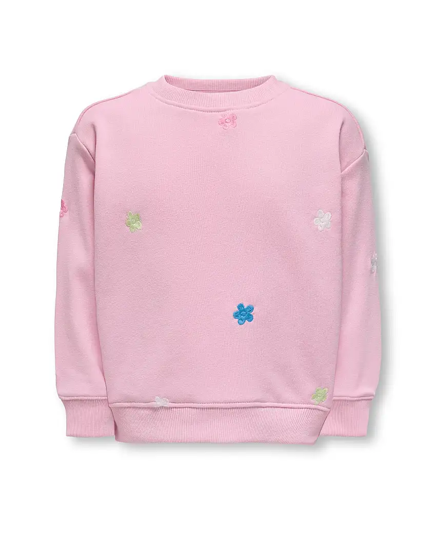 Felpa rosa girocollo in misto cotone con ricamo fiori multicolor all over