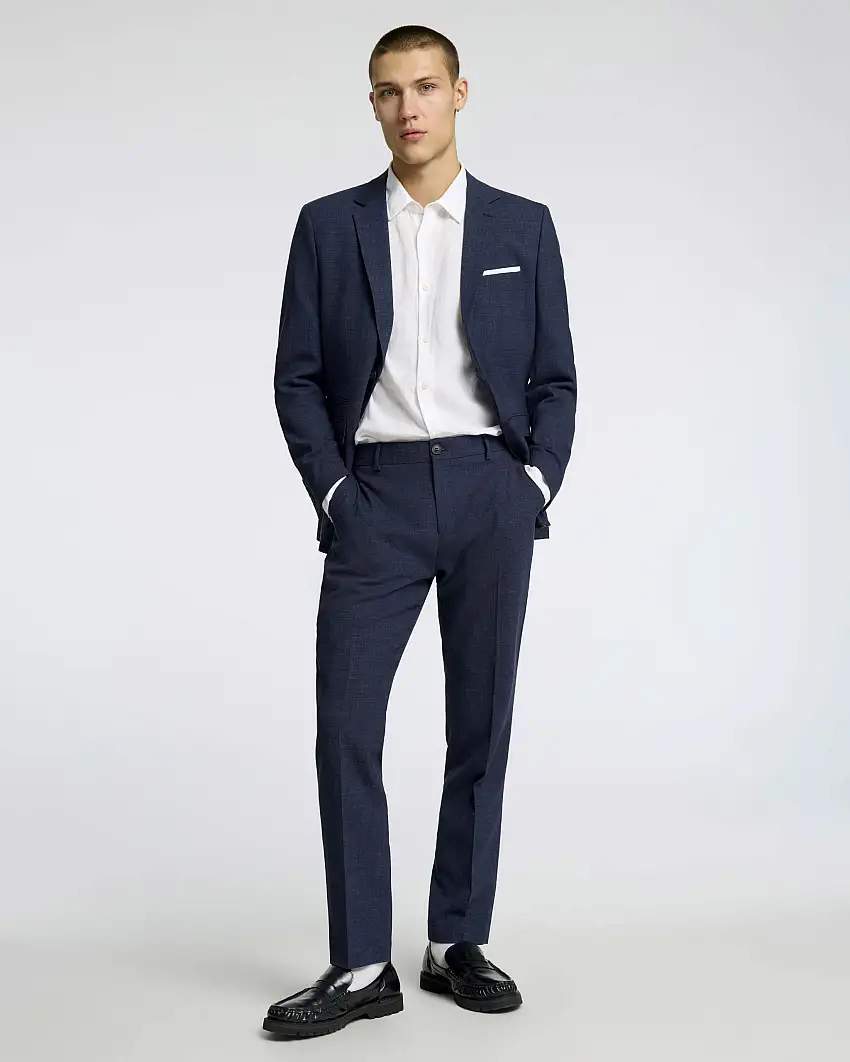 Pantaloni Oasis blu slim-fit in tessuto fiammato di misto lana e lino stretch con piega stirata