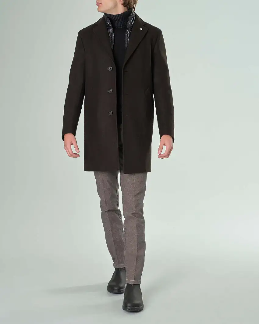 Cappotto nero in panno di misto lana con davantino staccabile