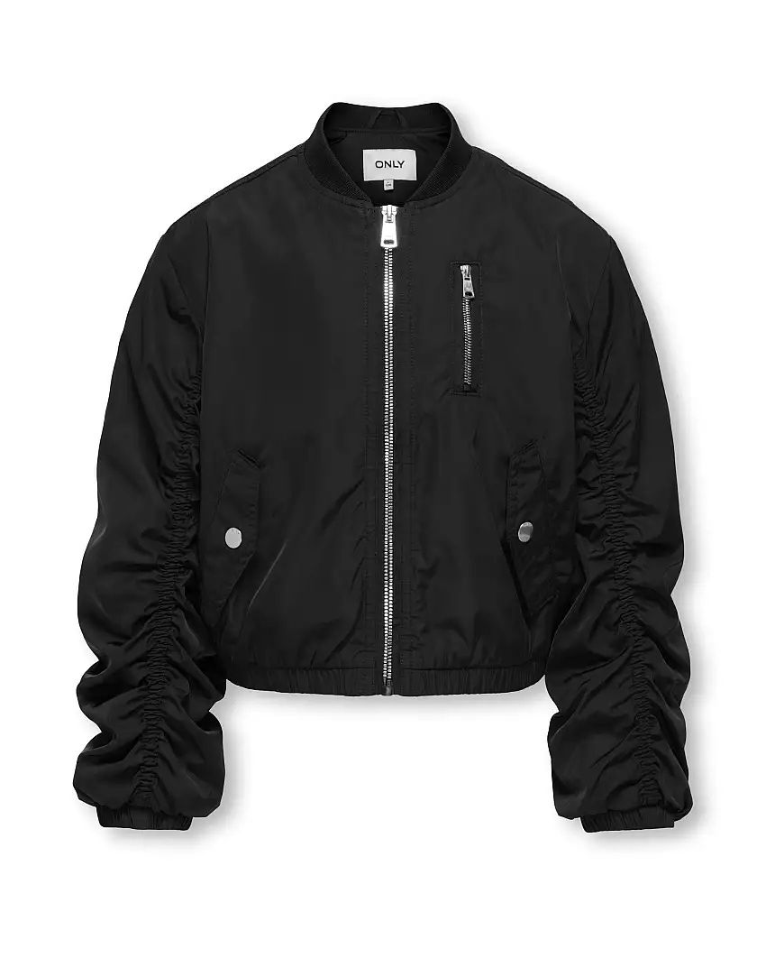 Bomber nero midi in nylon effetto satin con arricciature