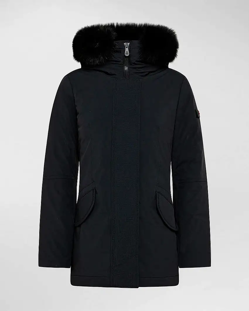 Giaccone nero imbottito dal fit slim con bordatura in pelliccia di volpe sul cappuccio fisso